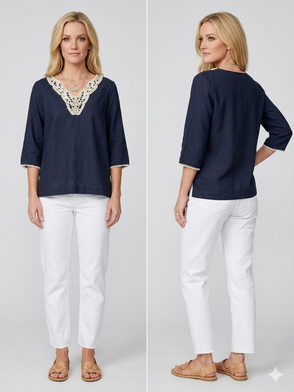 Grace Elements Navy Linen-Blend Lace Trim Blouse